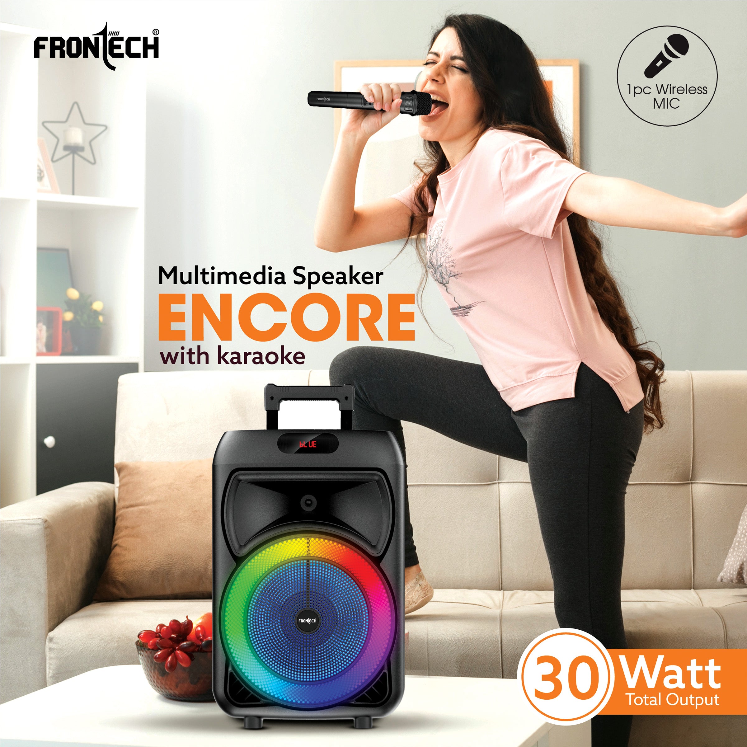 Frontech Encore Multimedia Wireless Trolley Speaker - 30W Output, Bluetooth 5.0, LED Display, Disco Light, Wheels, Handle - (SW-0136) Frontech Encore Multimedia Wireless Trolley Speaker - 30W Output, Bluetooth 5.0, LED Display, Disco Light, Wheels, Handle - (SW-0136)